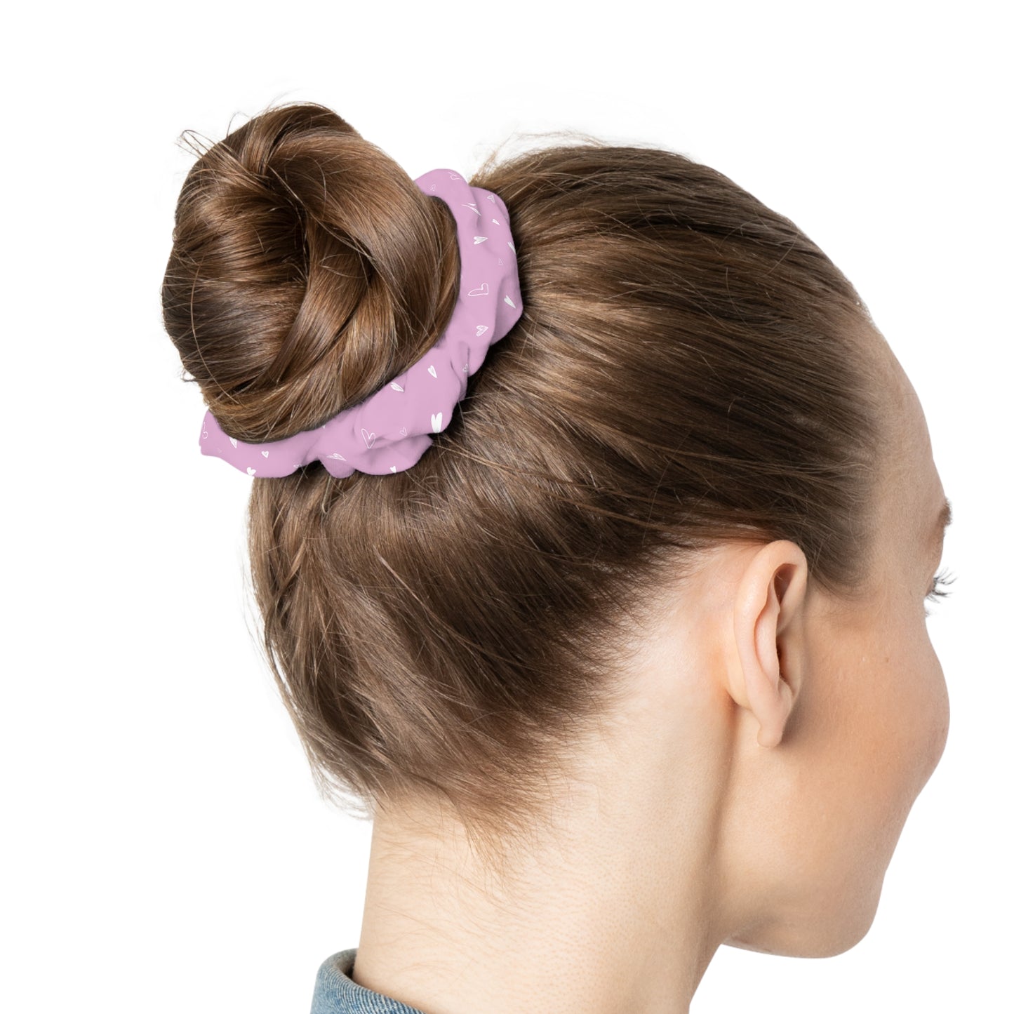 Scrunchie - Pink with White Hearts